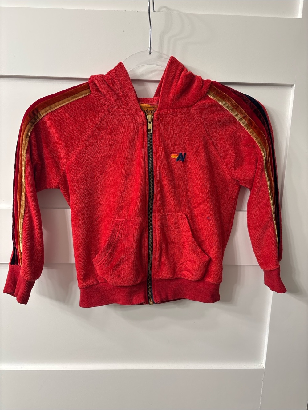 Aviator Nation Kids Red Full Zip Terry Hoodie with Gold Stripe